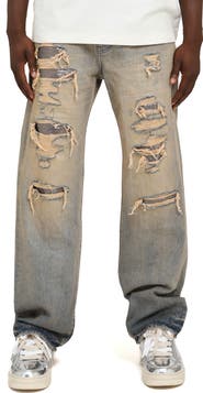 PURPLE BRAND Tinted Sequin Ripped & Repaired Straight Leg Jeans