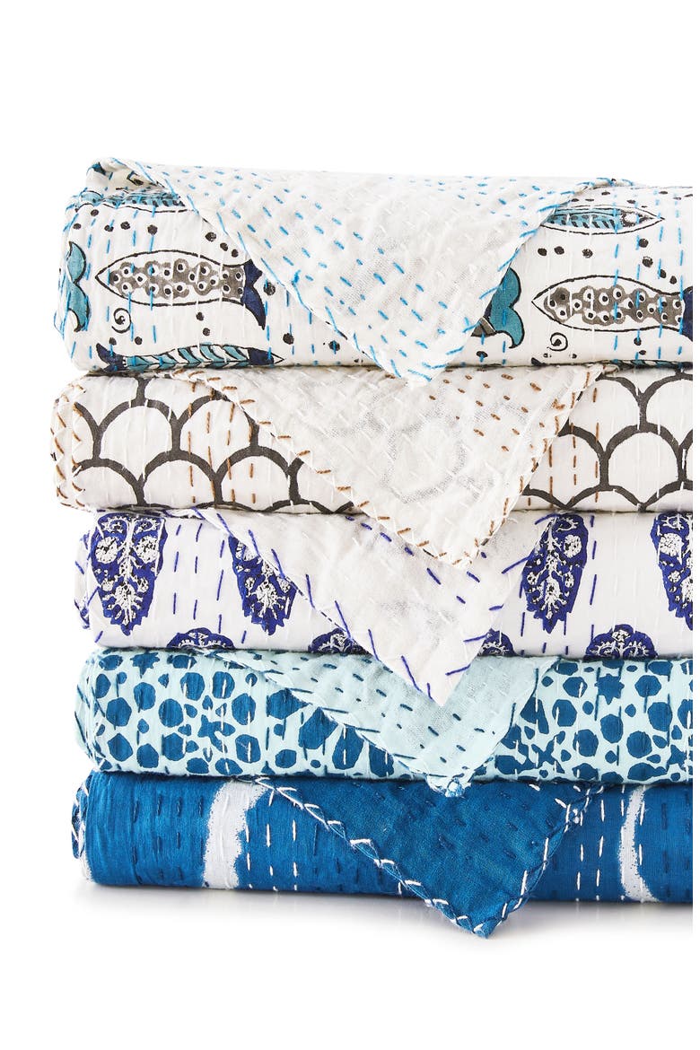 Circles Kantha Cotton Throw Blanket, Alternate, color, INDIGO