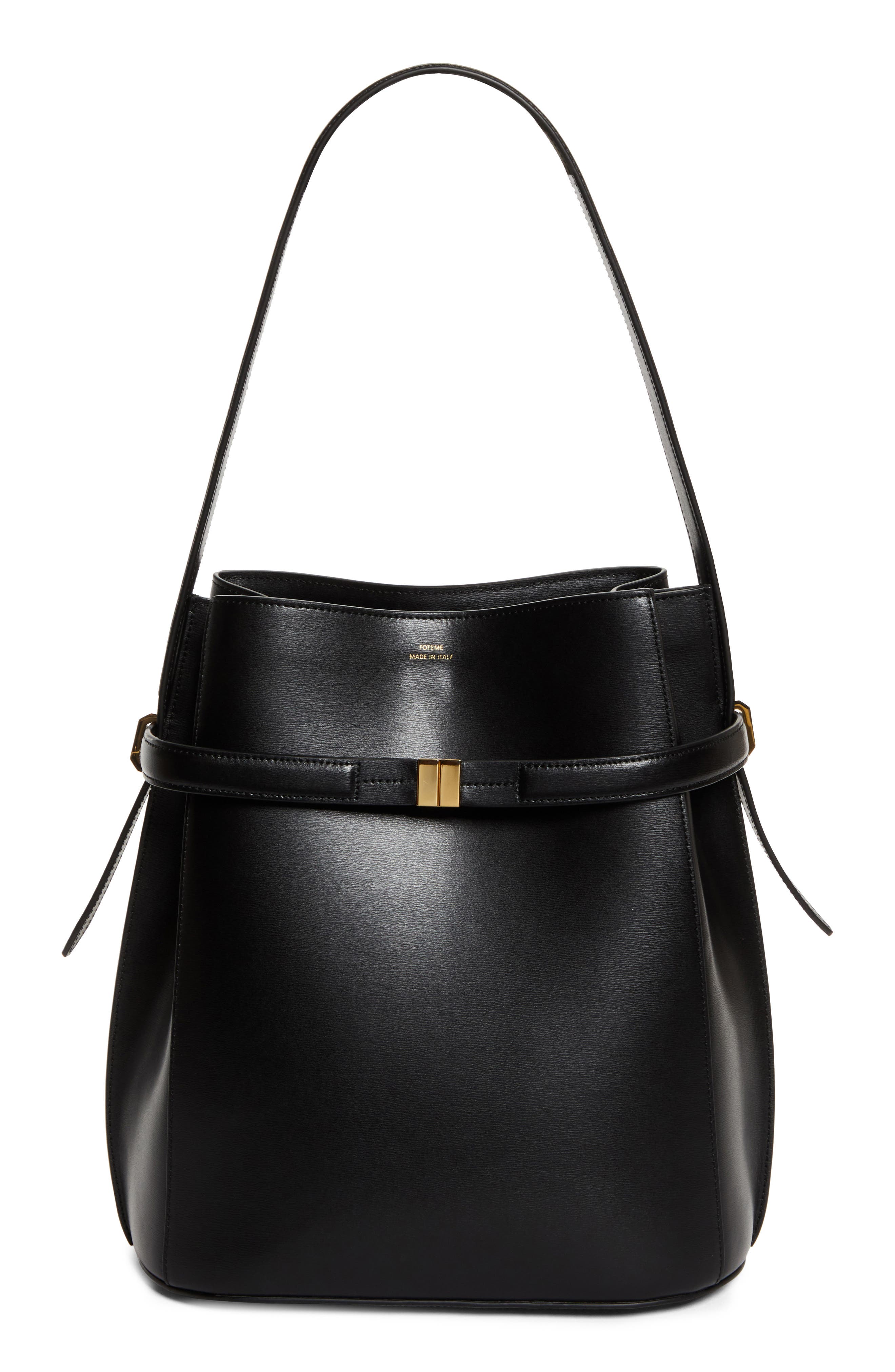 TOTEME Belted Leather Bucket Bag, Main, color, Black