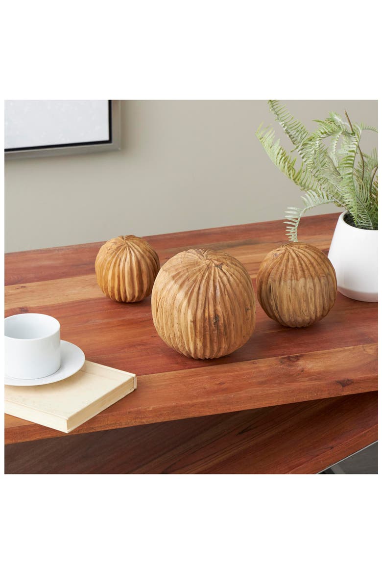 3-Piece Brown Teak Wood Decorative Orbs, Alternate, color, BROWN