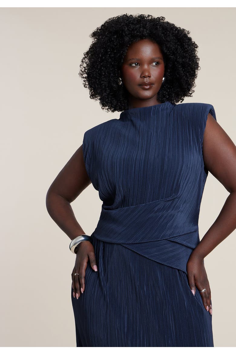 Draped Bodice Plisse Maxi Dress, Alternate, color, DARK NAVY