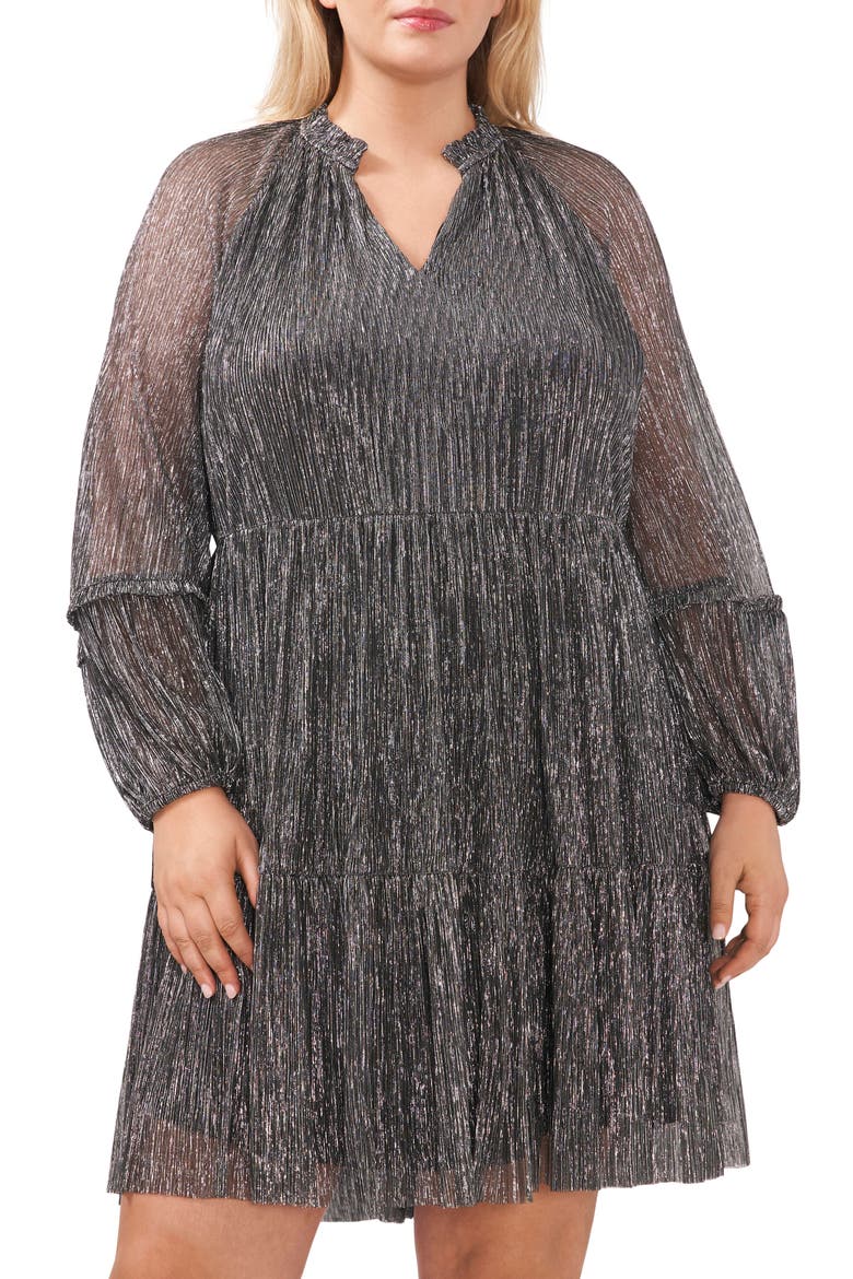 Metallic Long Sleeve Dress, Alternate, color, GUNMETAL