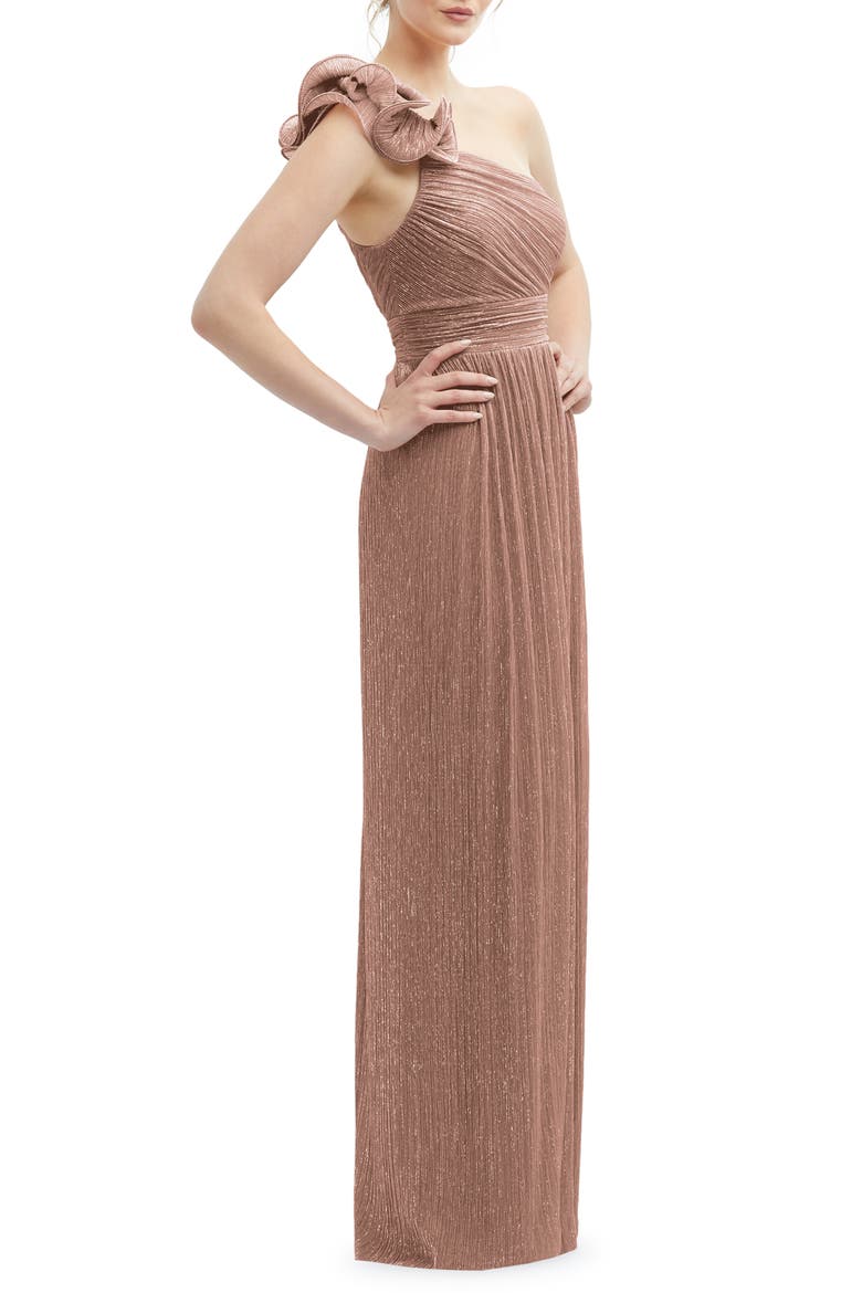 Ruffle One-Shoulder Metallic Column Gown, Alternate, color, SIENNA METALLIC