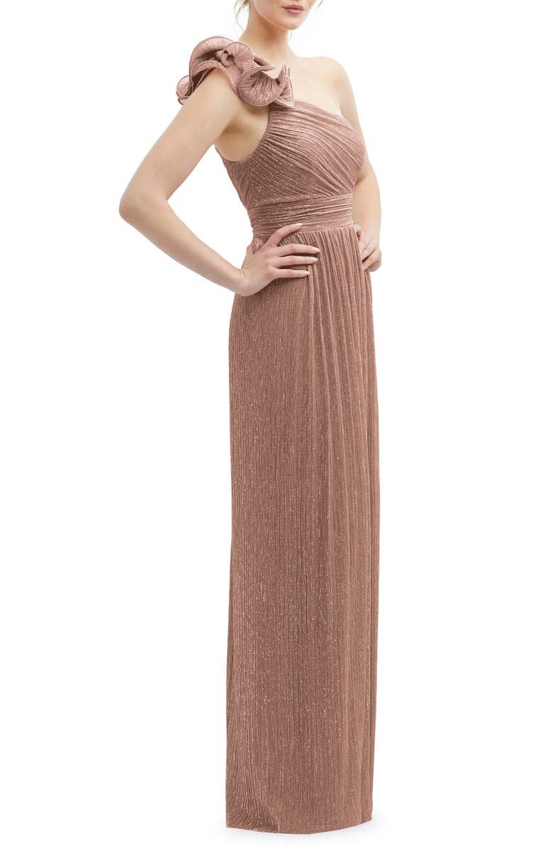 After Six Ruffle One-Shoulder Metallic Column Gown, Alternate, color, Sienna Metallic