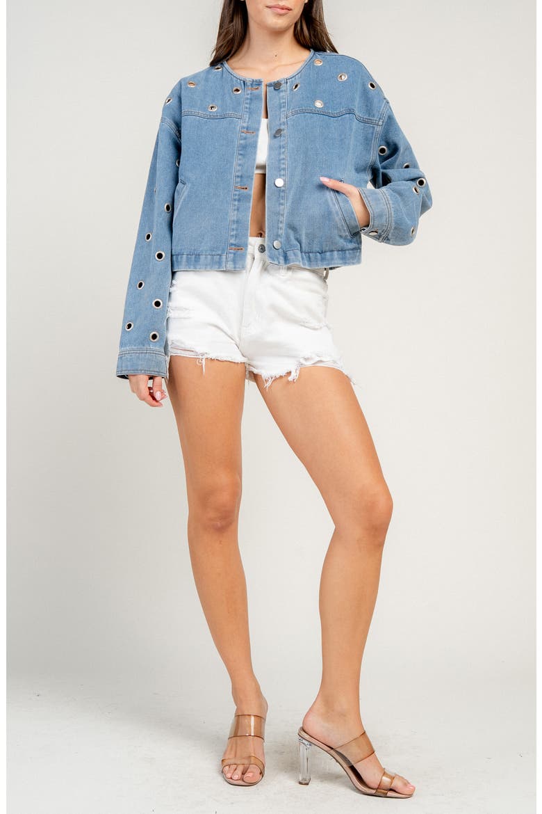 Grommet Denim Jacket, Alternate, color, MID BLUE