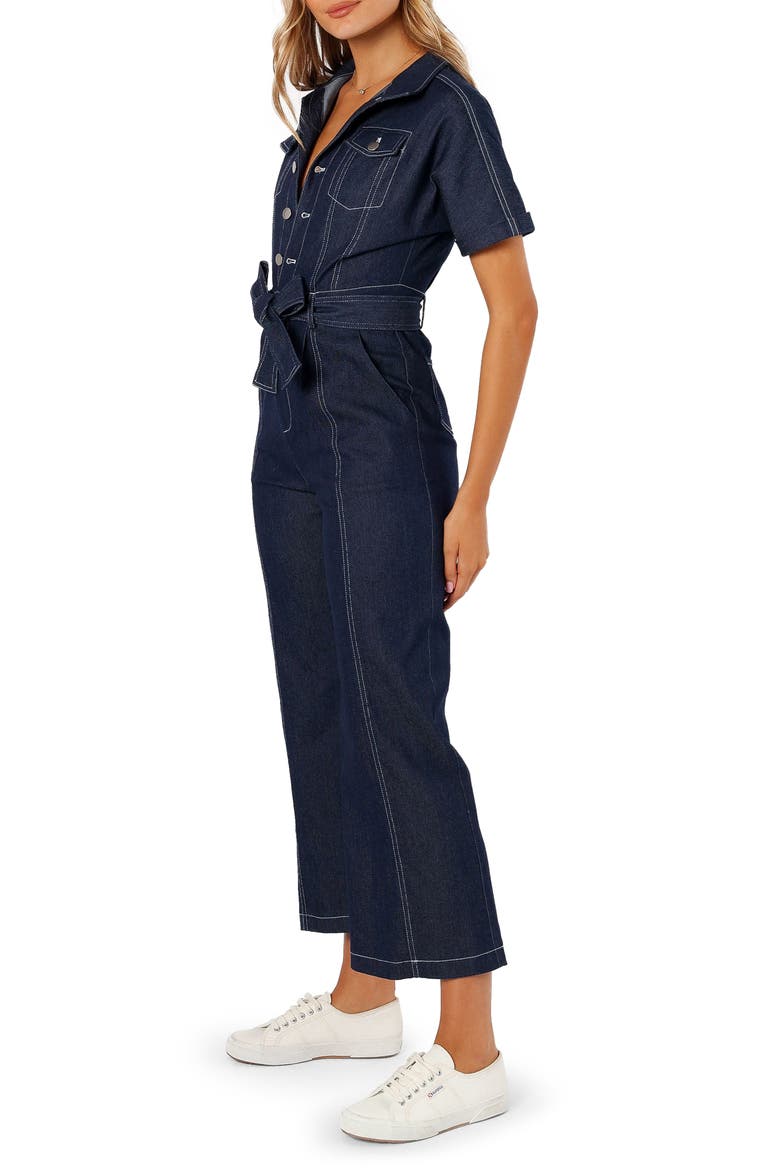 Short Sleeve Denim Jumpsuit, Alternate, color, DARK DENIM