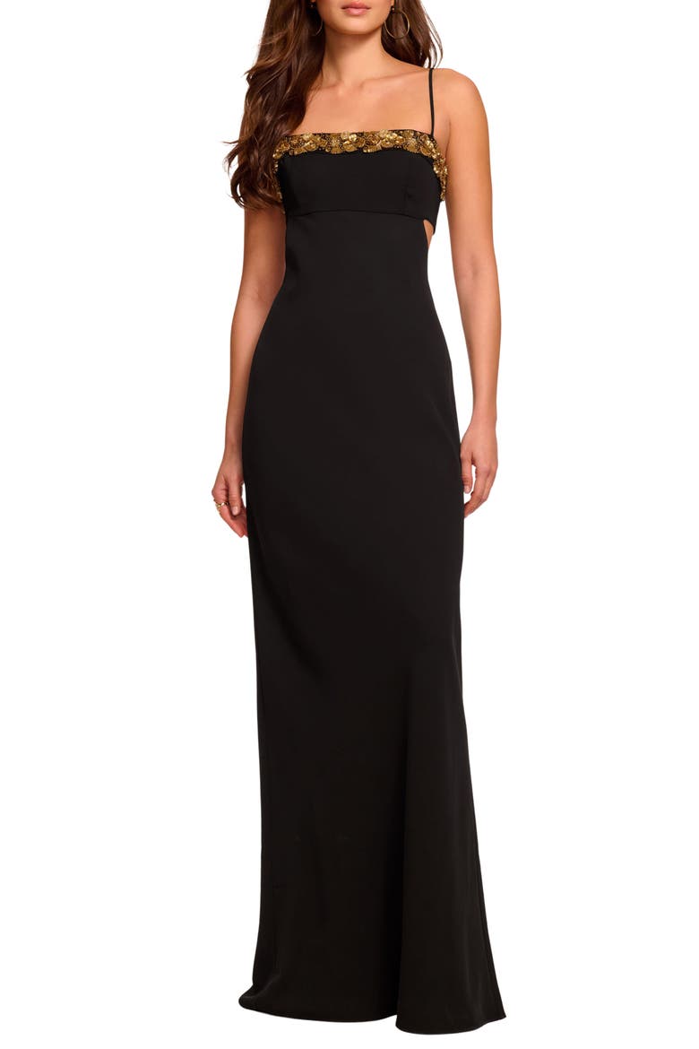 Helen Bead Detail Body-Con Gown, Main, color, BLACK