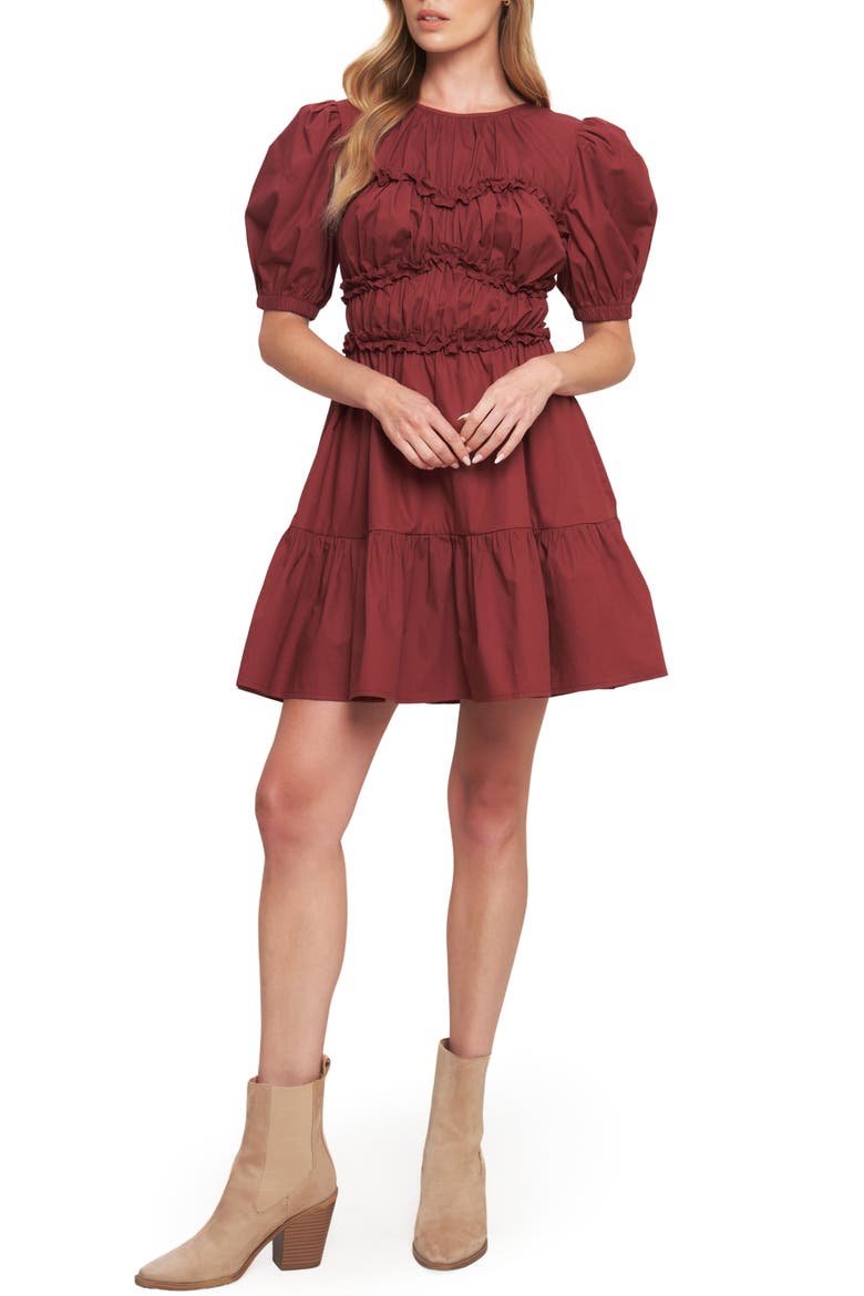 Ruffle Scrunch Puff Sleeve Minidress, Main, color, MAROON