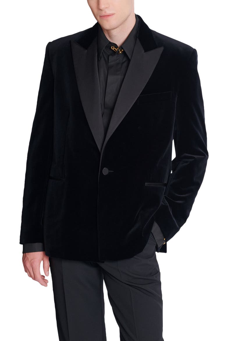 Velvet and satin 1-button blazer, Alternate, color, black