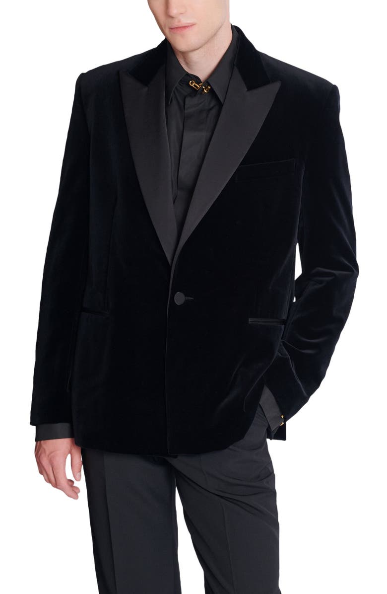 Balmain Velvet and satin 1-button blazer, Alternate, color, Black