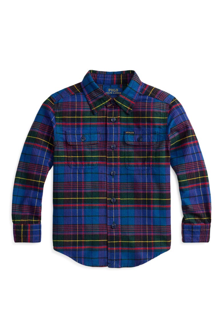 Kids' Plaid Long Sleeve Brushed Oxford Shirt, Main, color, GREEN JEWEL BLUE MULTI