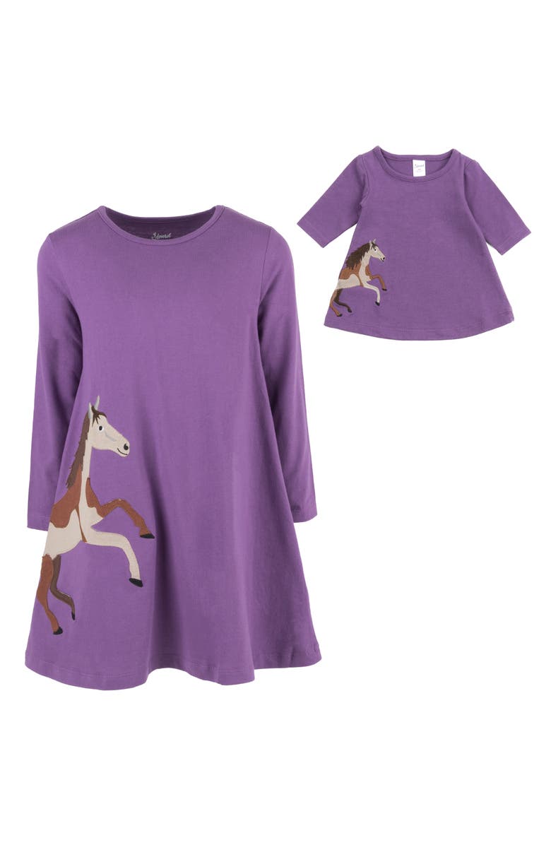 Leveret Girls Cotton Dress with Matching Doll Dress, Printed Design, Alternate, color, Horse