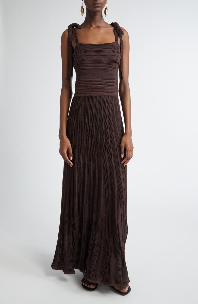 Zimmermann Lucky Tie Shoulder Metallic Rib Maxi Dress, Main, color, Metallic Chocolate