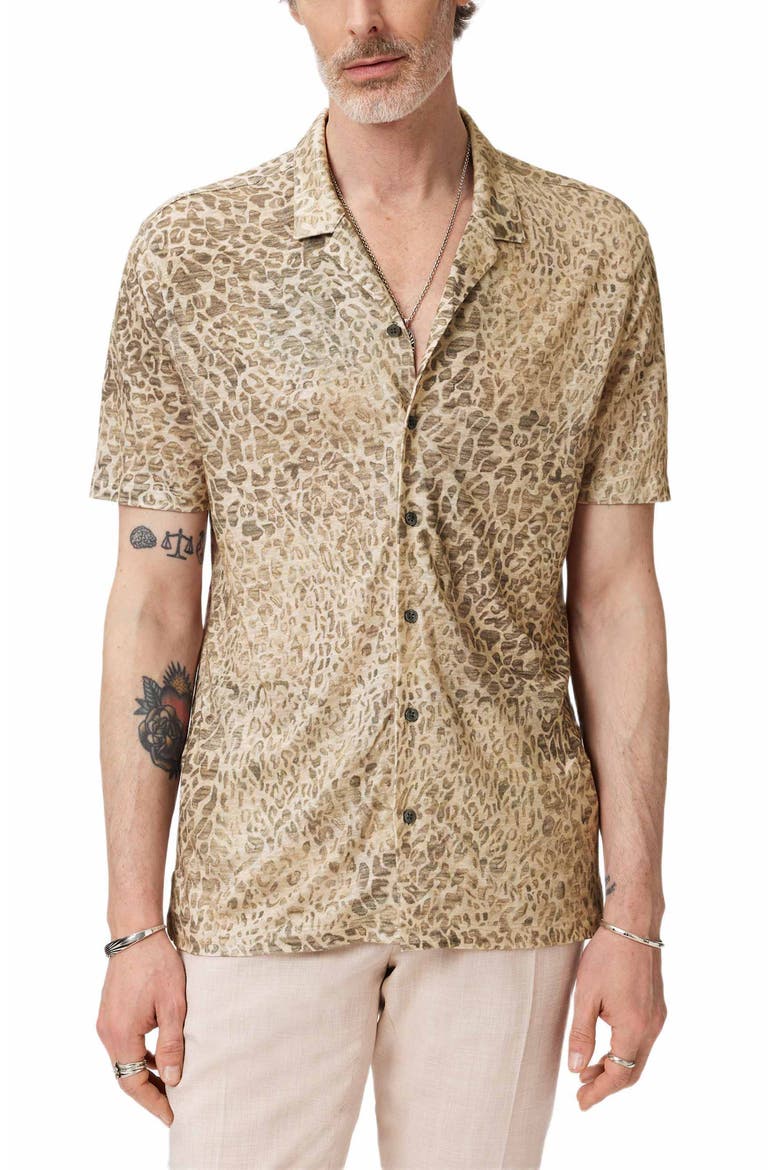 Castoro Leopard Pattern Knit Camp Shirt, Main, color, LIGHT KHAKI