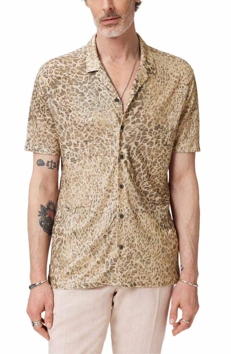 John Varvatos Castoro Leopard Pattern Knit Camp Shirt, Main, color, Light Khaki