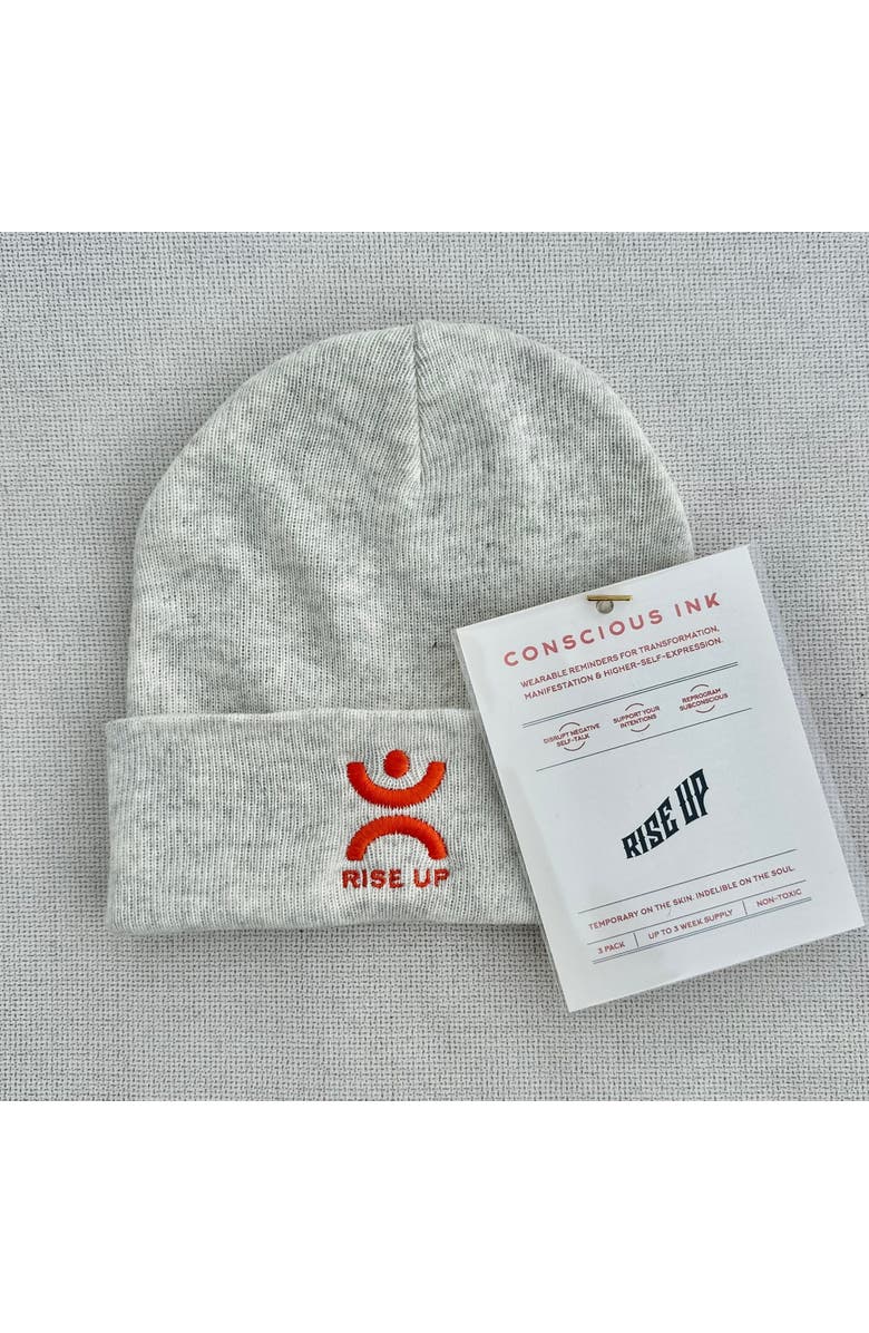 Conscious Ink Rise Up Manifest Beanie, Main, color, White Heather