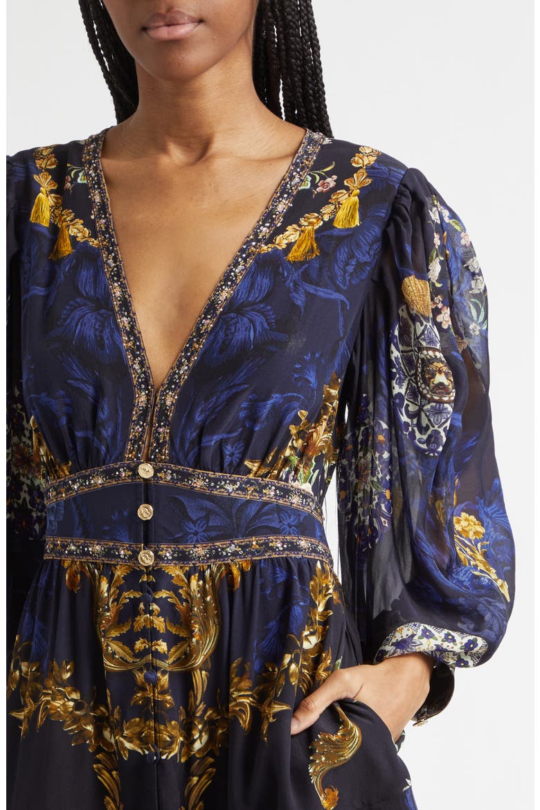 Beaded Print Long Sleeve Silk Dress, Alternate, color, NOTES FROM THE BLUE ROOM