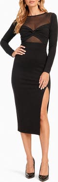 BY DESIGN Celia Illusion Mesh Ruched Midi Dress