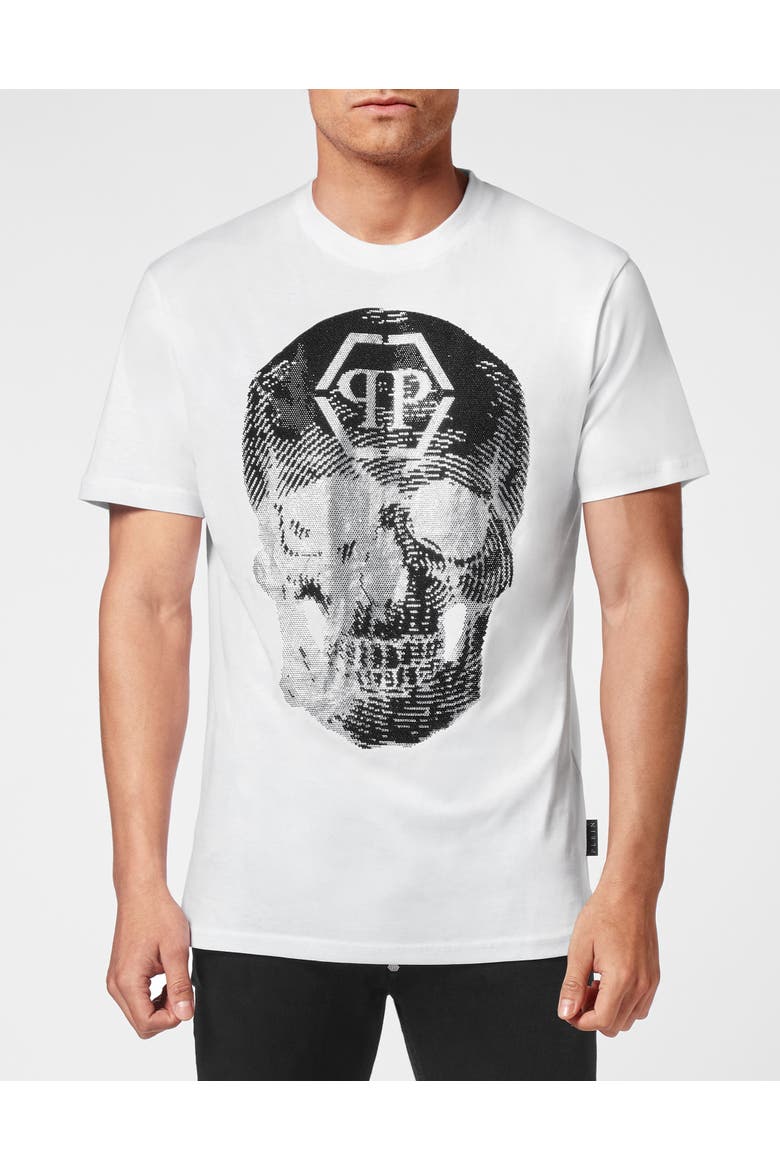 T-Shirt Round Neck Skull Men, Main, color, white