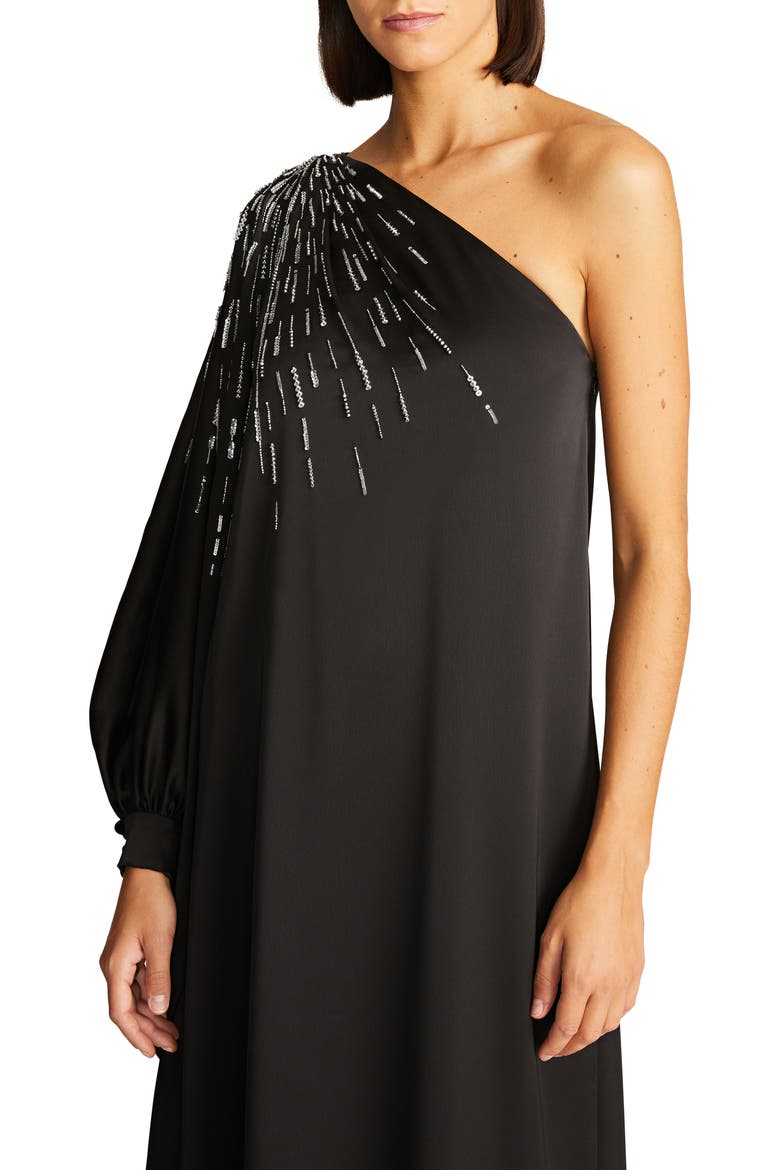 Chaya Beaded One-Shoulder Satin Gown, Alternate, color, BLACK