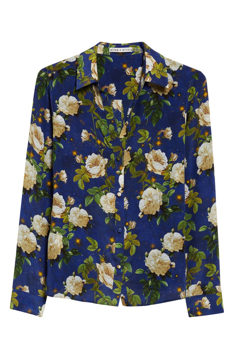 Alice + Olivia Eloise Floral Silk Button-Up Shirt, Main, color, Twilight Eden