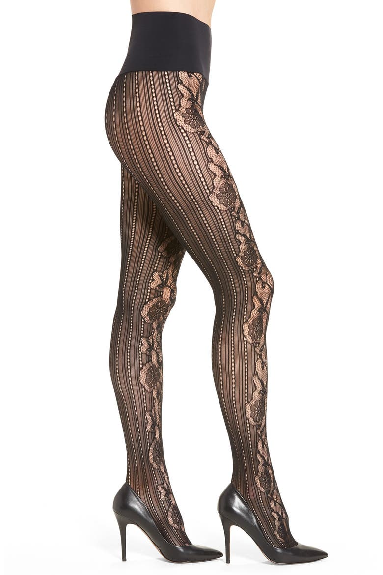 'Runway' Floral Net Tights, Main, color, BLACK