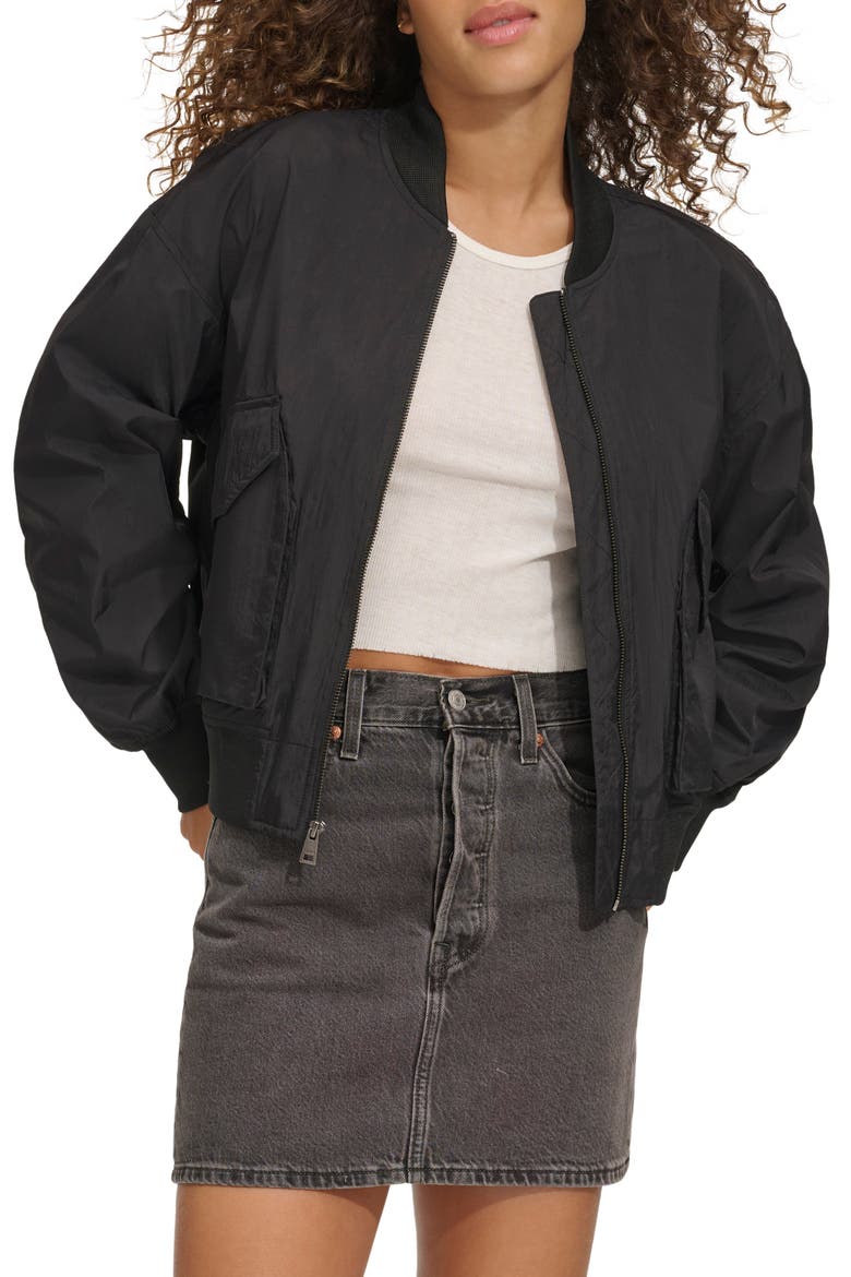 Techy Nylon Bomber Jacket, Main, color, BLACK