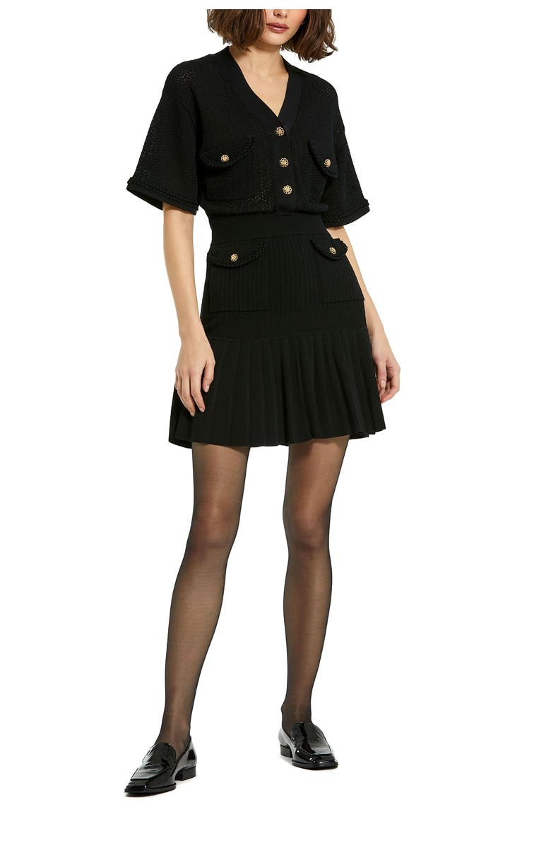 Mac Duggal Short Sleeve Pleated Hem Detail Button Up Sweater Dress, Main, color, Black