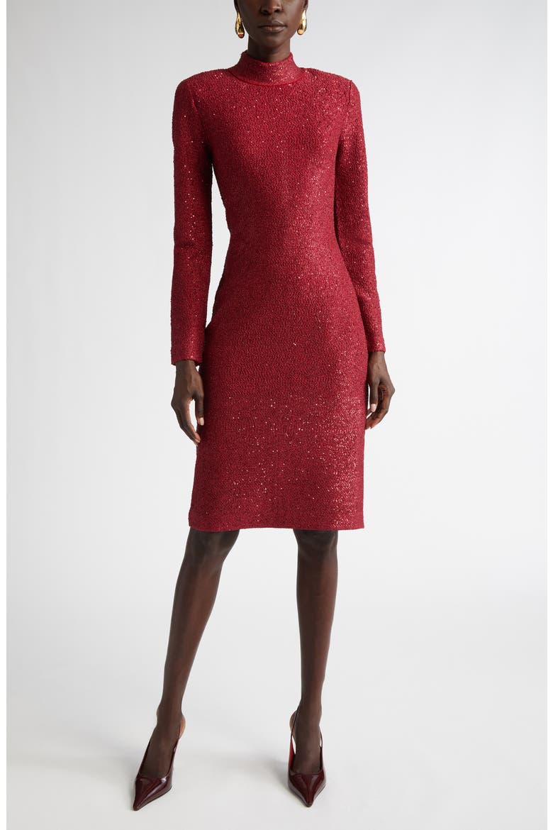 lurex long sleeve dress Sail to Sable Red Lurex Long Sleeve Smocked Waist Midi Dress Red TROPICAL BLOCK PRINT / L / H25372