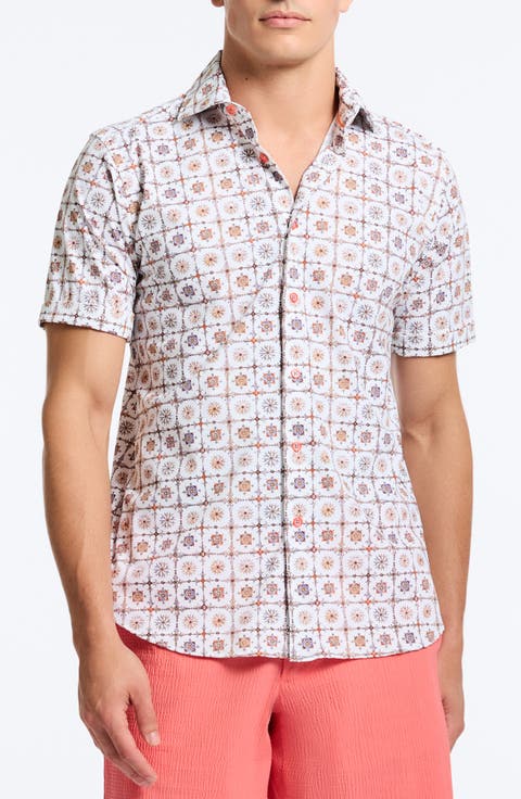 Kai Classic Fit Medallion Print Short Sleeve Knit Button-Up Shirt