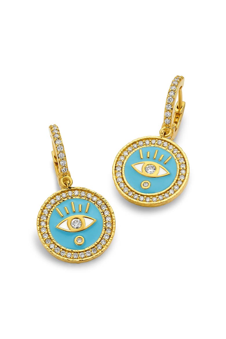 Enameled Evil Eye Huggie Earrings with Diamonds, Main, color, Sky Blue