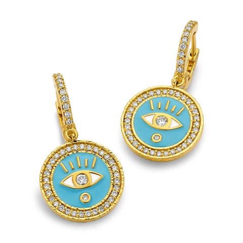 Enameled Evil Eye Huggie Earrings with Diamonds