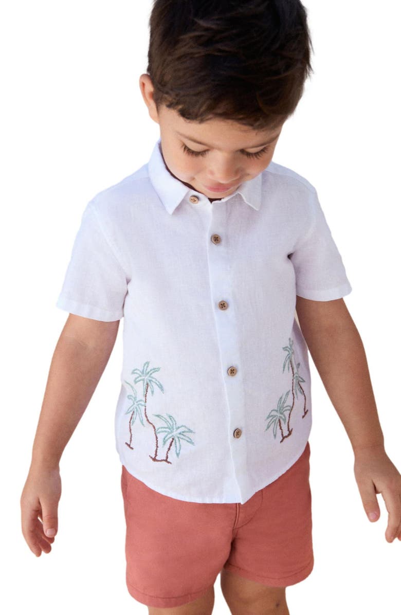 NEXT Kids' Palm Embroidered Linen & Cotton Button-Up Shirt, Alternate, color, White