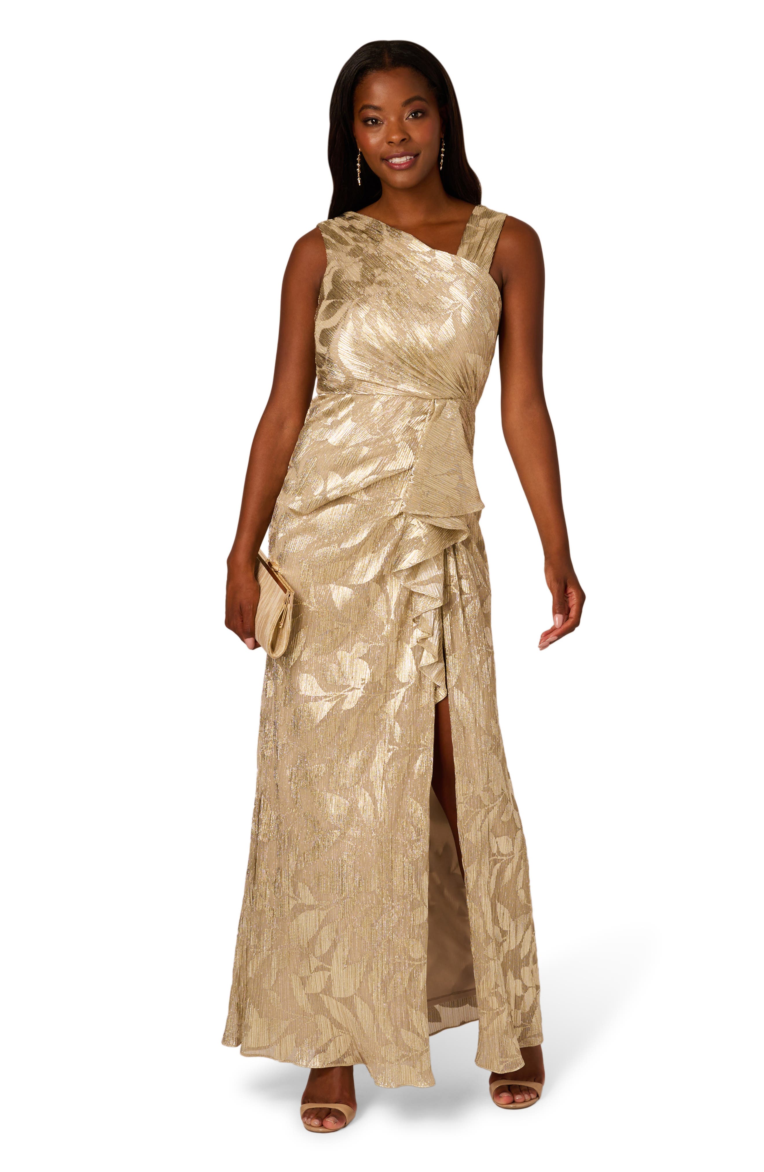 adrianna papell foil asymmetric maxi dress sage gold Adrianna Papell Petite Foil-Print Asymmetric Gown