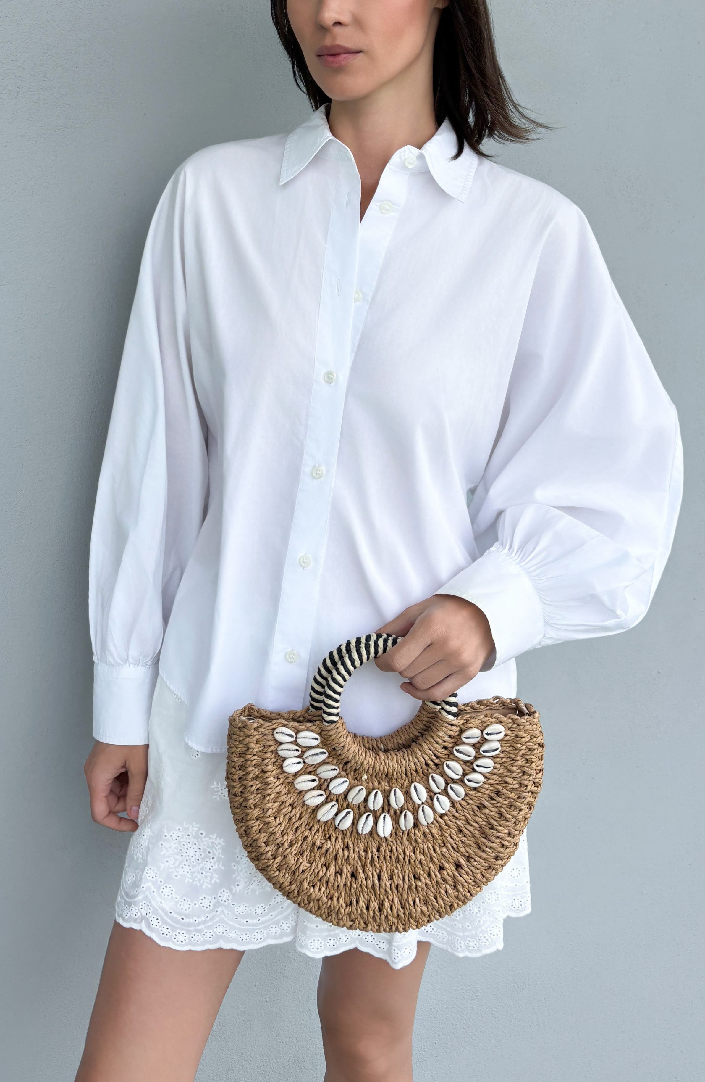 Basket Arc Handle Shell Embellished Straw Handbag, Alternate, color, BROWN
