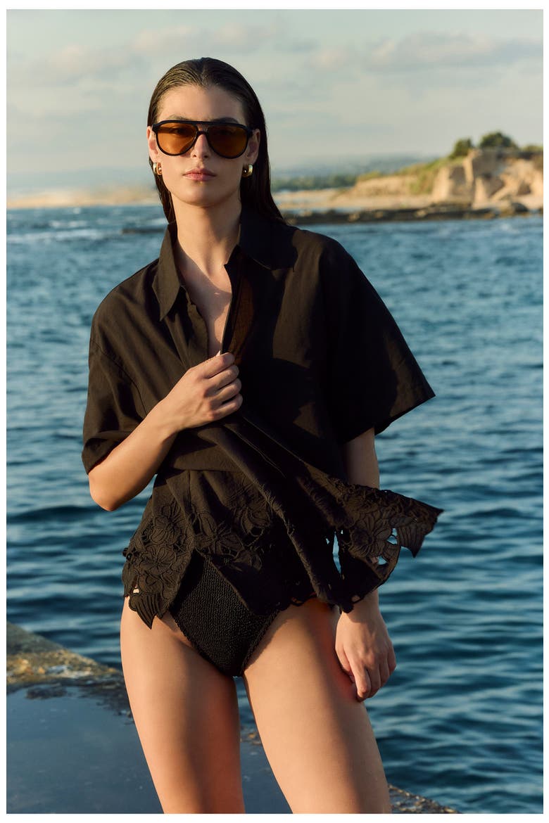 Amalfi Lace Short Sleeve Button Down Shirt Cover-Up, Alternate, color, Black