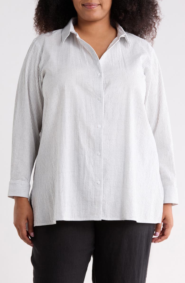 Eileen Fisher Grid Print Long Sleeve Button-Up Shirt, Main, color, White