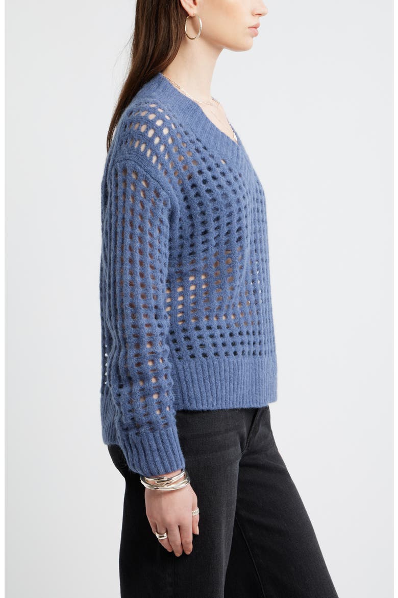 Mesh Stitch V-Neck Sweater, Alternate, color, BLUE INDIGO