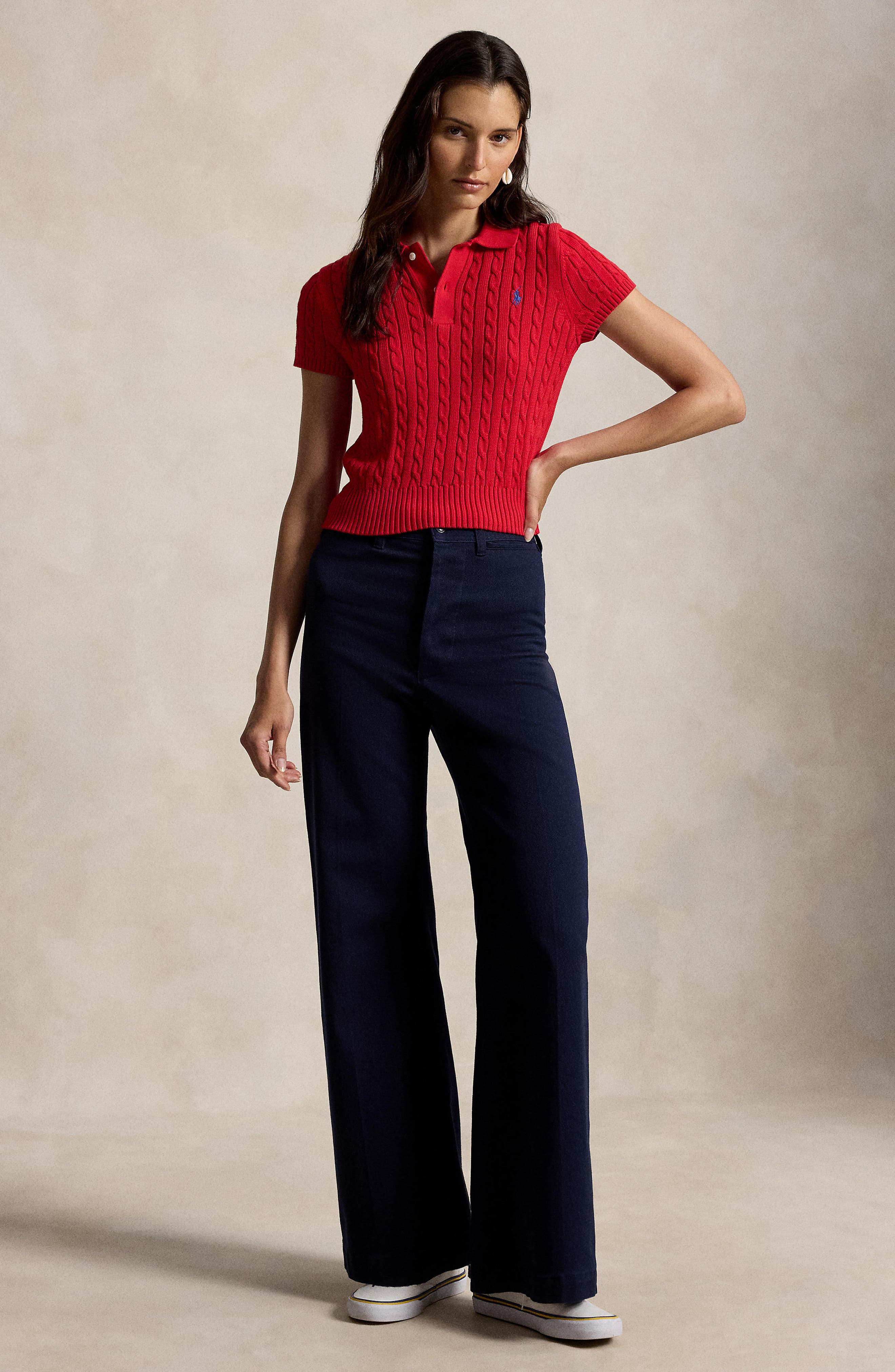 Polo Ralph Lauren Crop Cable Knit Cotton Polo Sweater (Women
