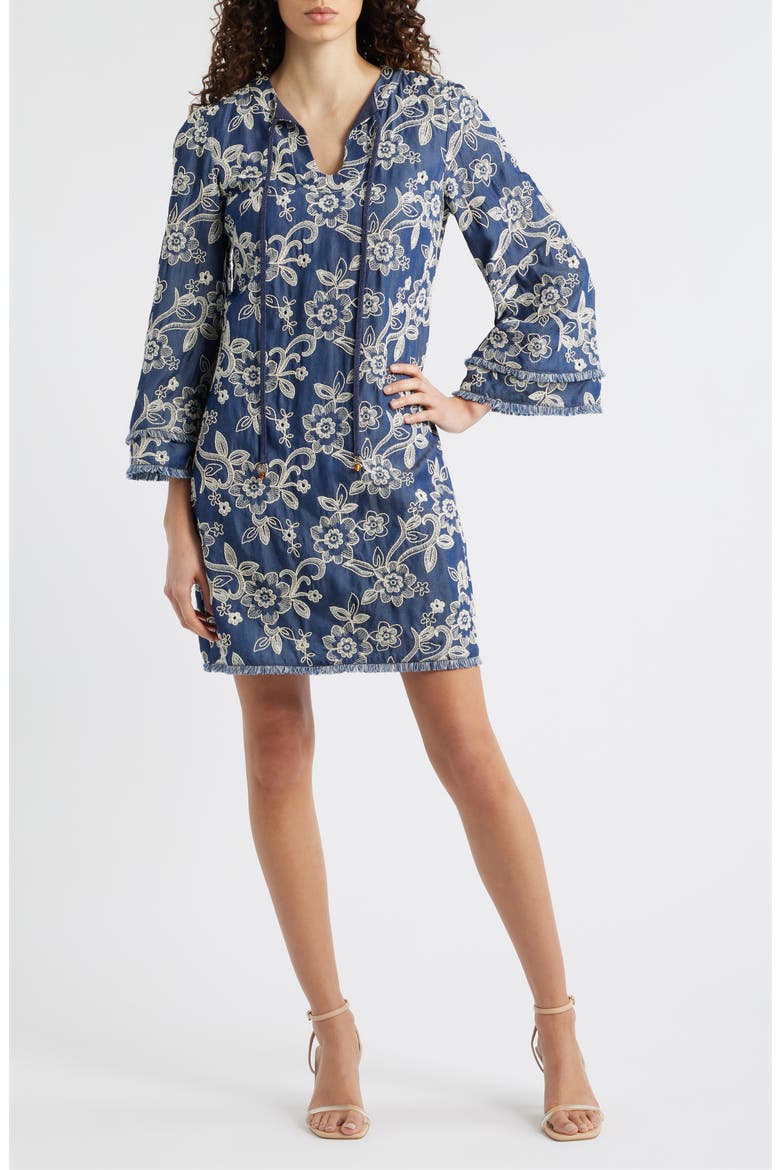 Floral Embroidered Split Neck Shift Dress, Main, color, DENIM