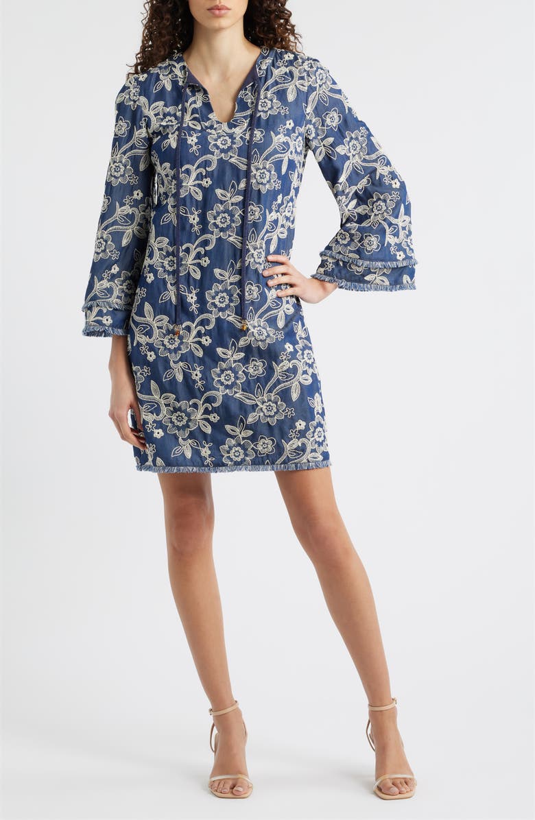 Eliza J Floral Embroidered Split Neck Shift Dress, Main, color, Denim