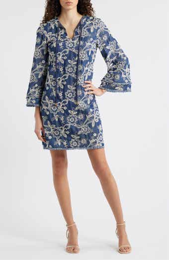 Floral Embroidered Split Neck Shift Dress