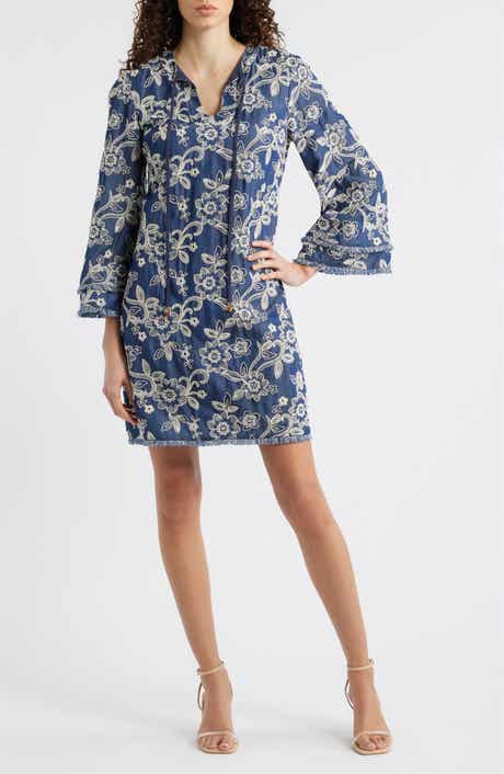 Floral Embroidered Split Neck Shift Dress