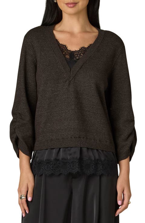 Layered Lace Trim Ruched Sleeve Sweater