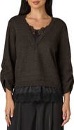 Wit & Wisdom Layered Lace Trim Ruched Sleeve Sweater