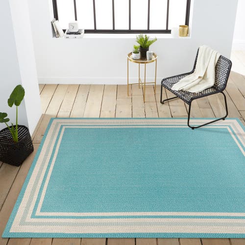 Jonathan Y James Modern Border Stripe Indoor/outdoor Area Rug In Aqua/beige