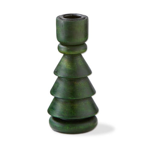 Small Green Wood Tree Taper Candle Holder for Christmas