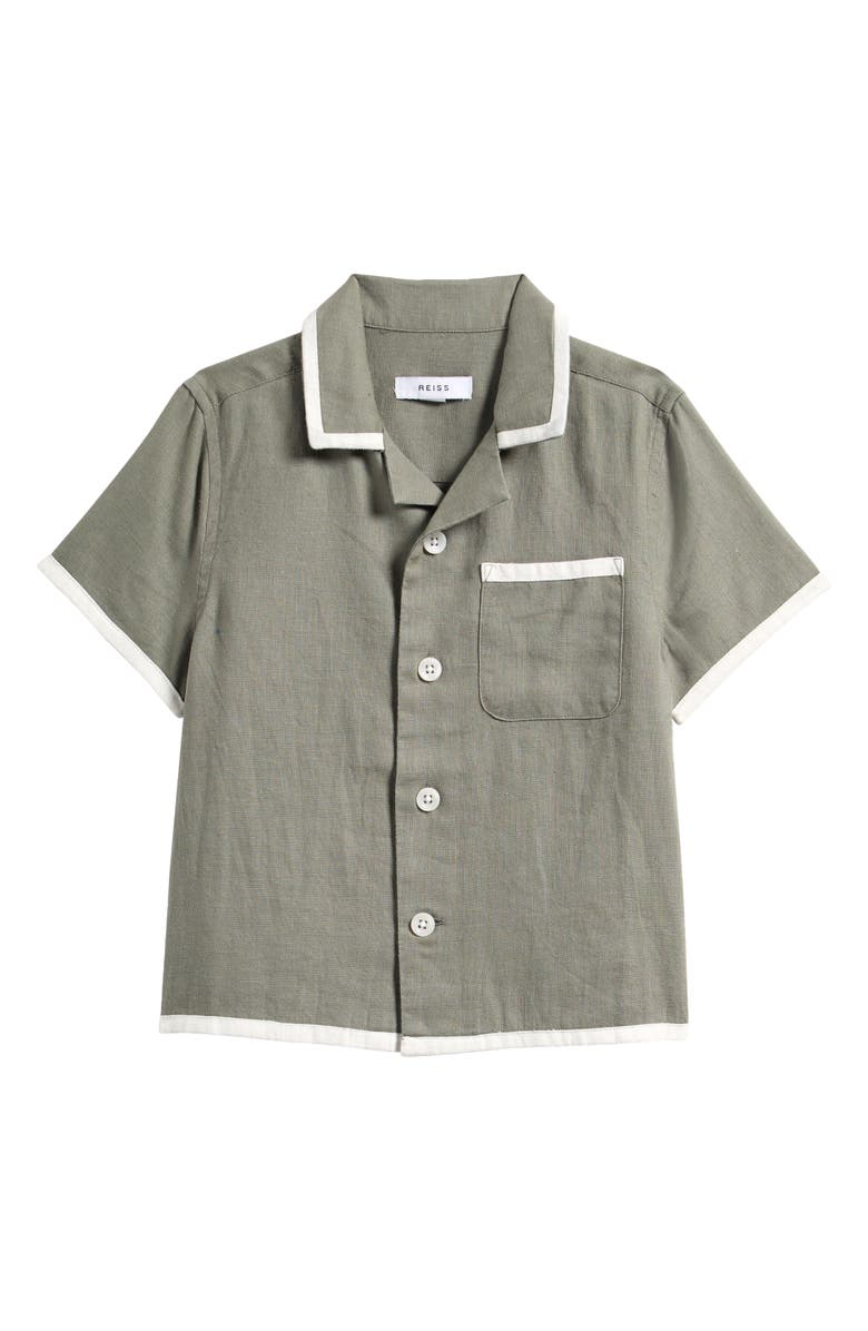 Reiss Kids' Vitan Short Sleeve Linen Camp Shirt, Main, color, Khaki/ White