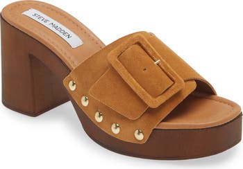 Steve Madden MARLENA プラットフォームサンダル MARLENA Sand Suede Women's Wood Bottom Mule Platform Heel