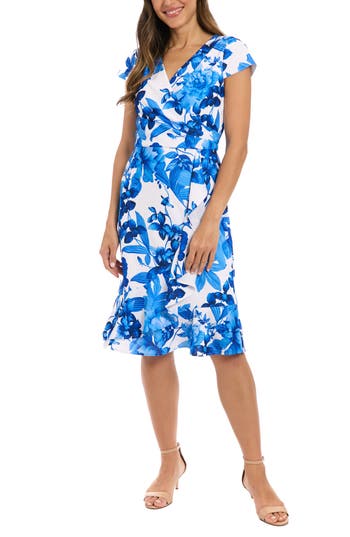 London Times Petite Floral Flutter-sleeve Ruffle Dress In Blue